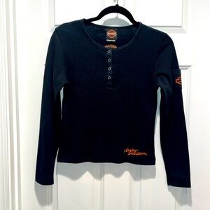 Vintage Harley Davidson Long Steve ribbed waffle knit embroidered black Henley